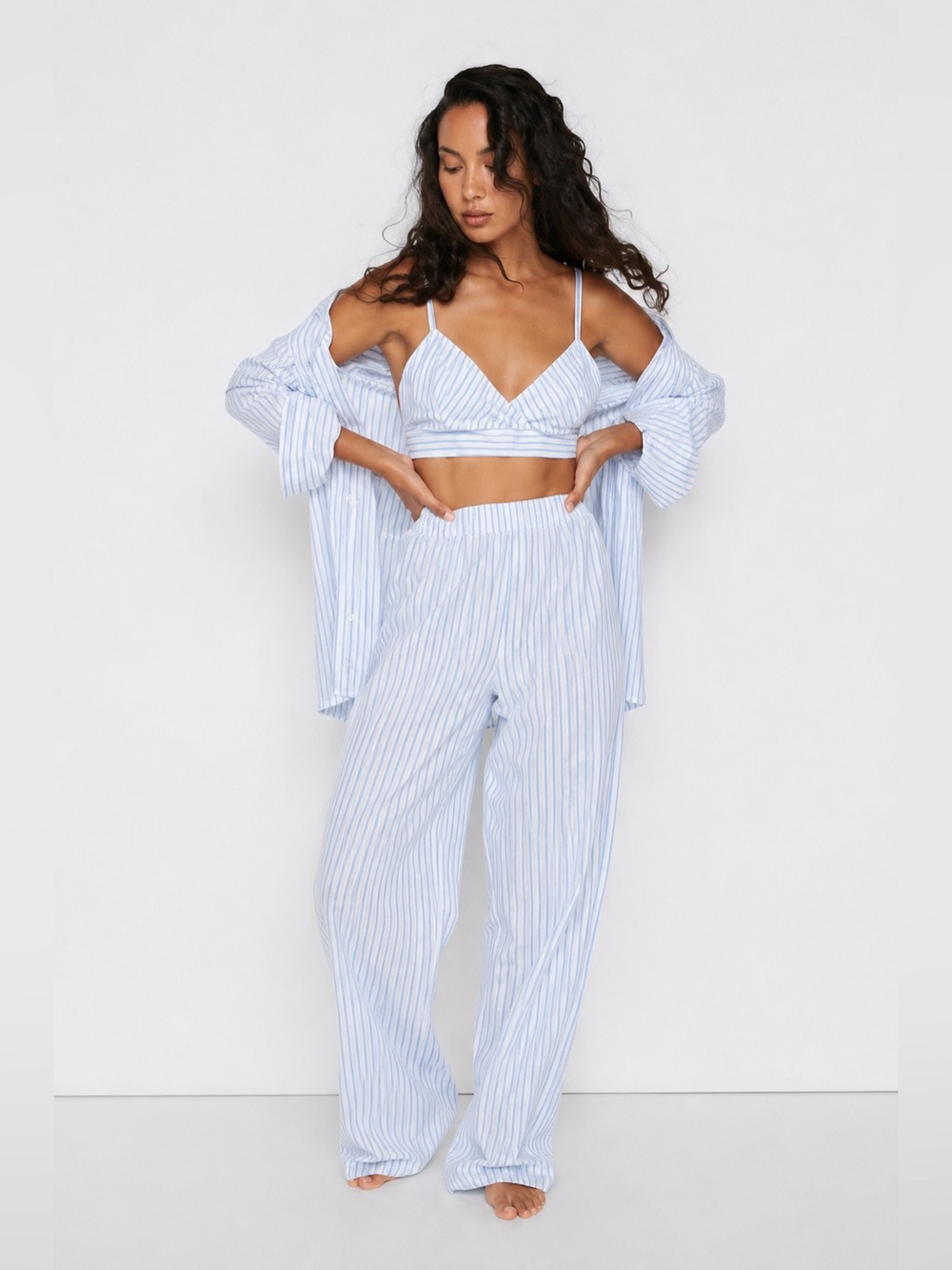 Nasty Gal Plus Cotton Stripe 3 Piece Pajama Set Blue White US 14 NWT